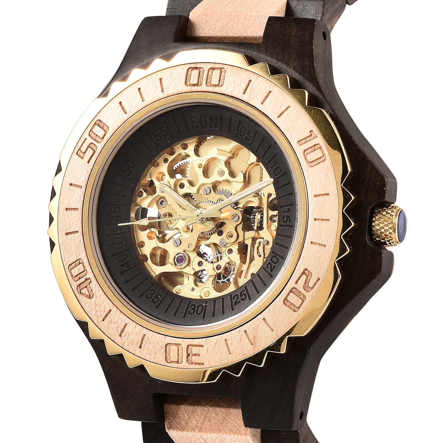 EON 1962 Japanese Movement Skeleton Dial Sandalwood Water Resistant Watch in Black - Tan Colour Strap