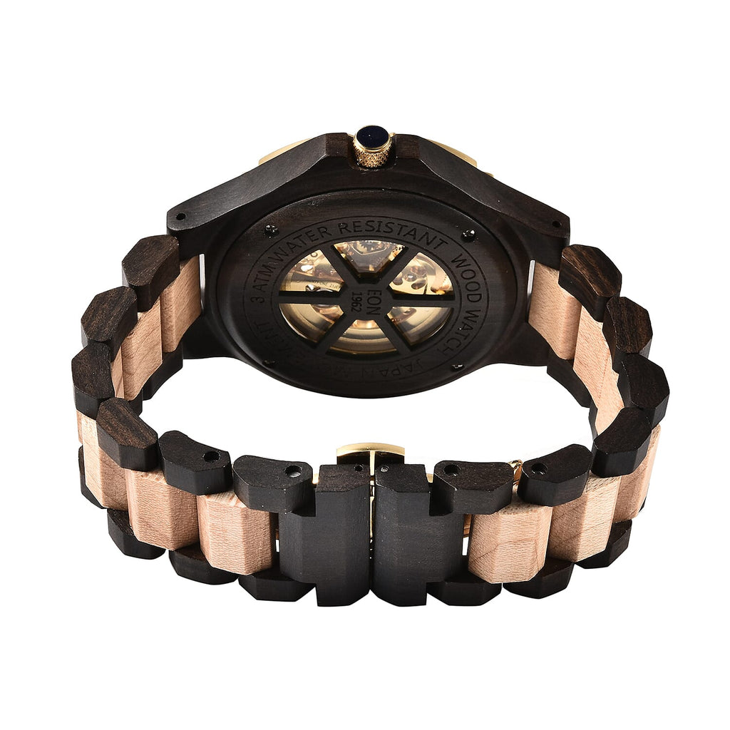 EON 1962 Japanese Movement Skeleton Dial Sandalwood Water Resistant Watch in Black - Tan Colour Strap