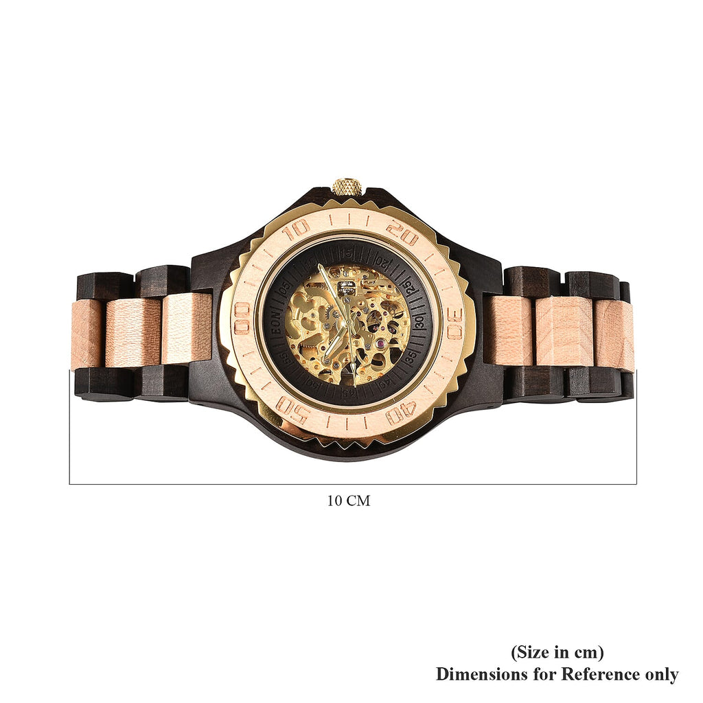 EON 1962 Japanese Movement Skeleton Dial Sandalwood Water Resistant Watch in Black - Tan Colour Strap