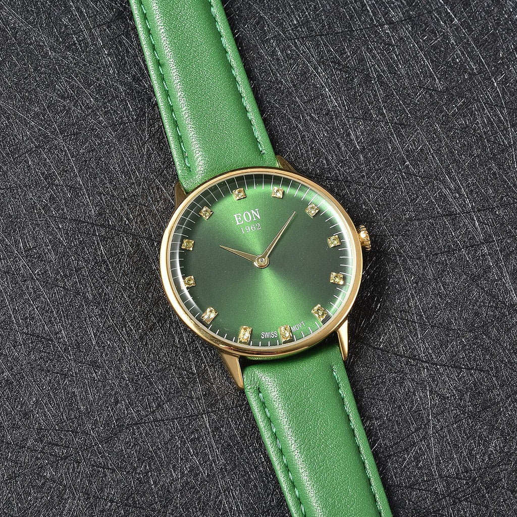 EON 1962 Swiss Movement Green Sapphire 5 ATM Water Resistant Watch with Green Leather Strap