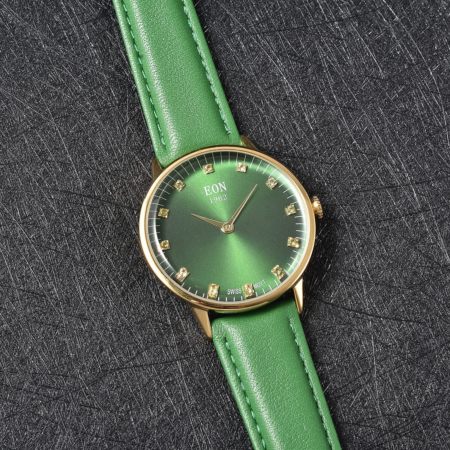 EON 1962 Swiss Movement Green Sapphire 5 ATM Water Resistant Watch with Green Leather Strap