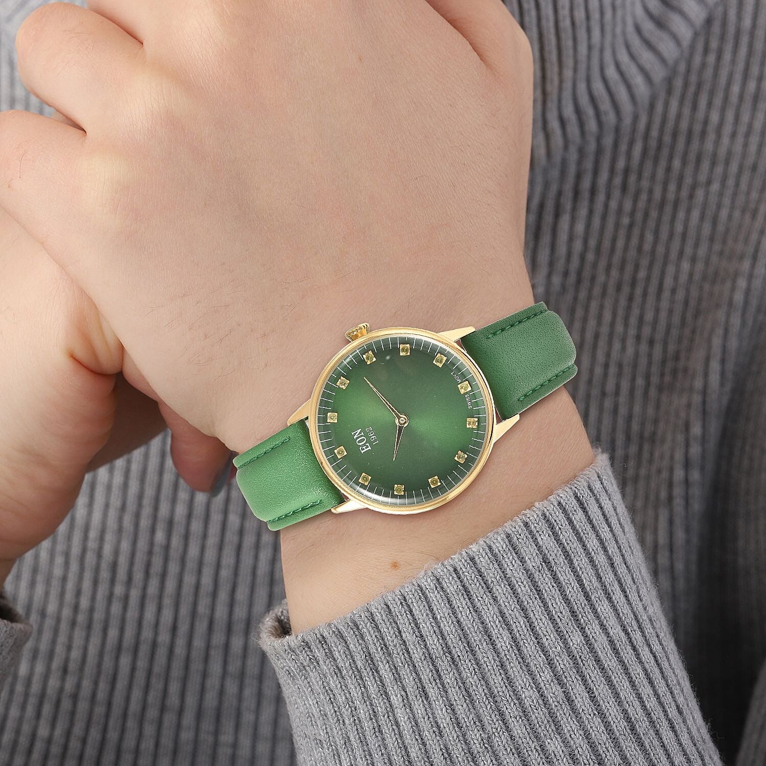 EON 1962 Swiss Movement Green Sapphire 5 ATM Water Resistant Watch with Green Leather Strap
