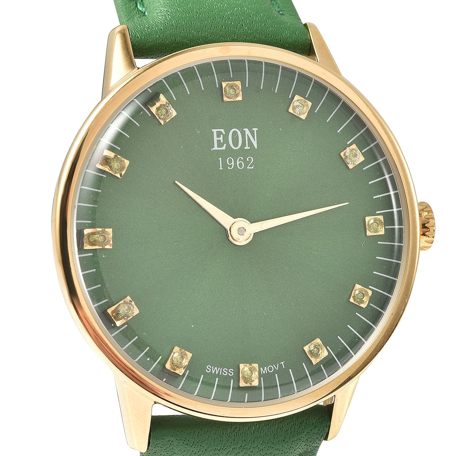 EON 1962 Swiss Movement Green Sapphire 5 ATM Water Resistant Watch with Green Leather Strap