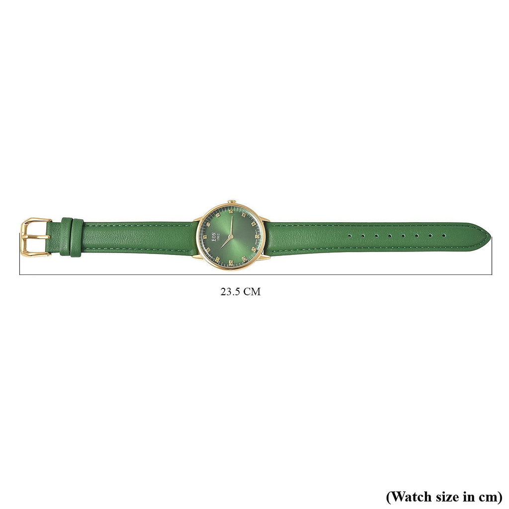 EON 1962 Swiss Movement Green Sapphire 5 ATM Water Resistant Watch with Green Leather Strap