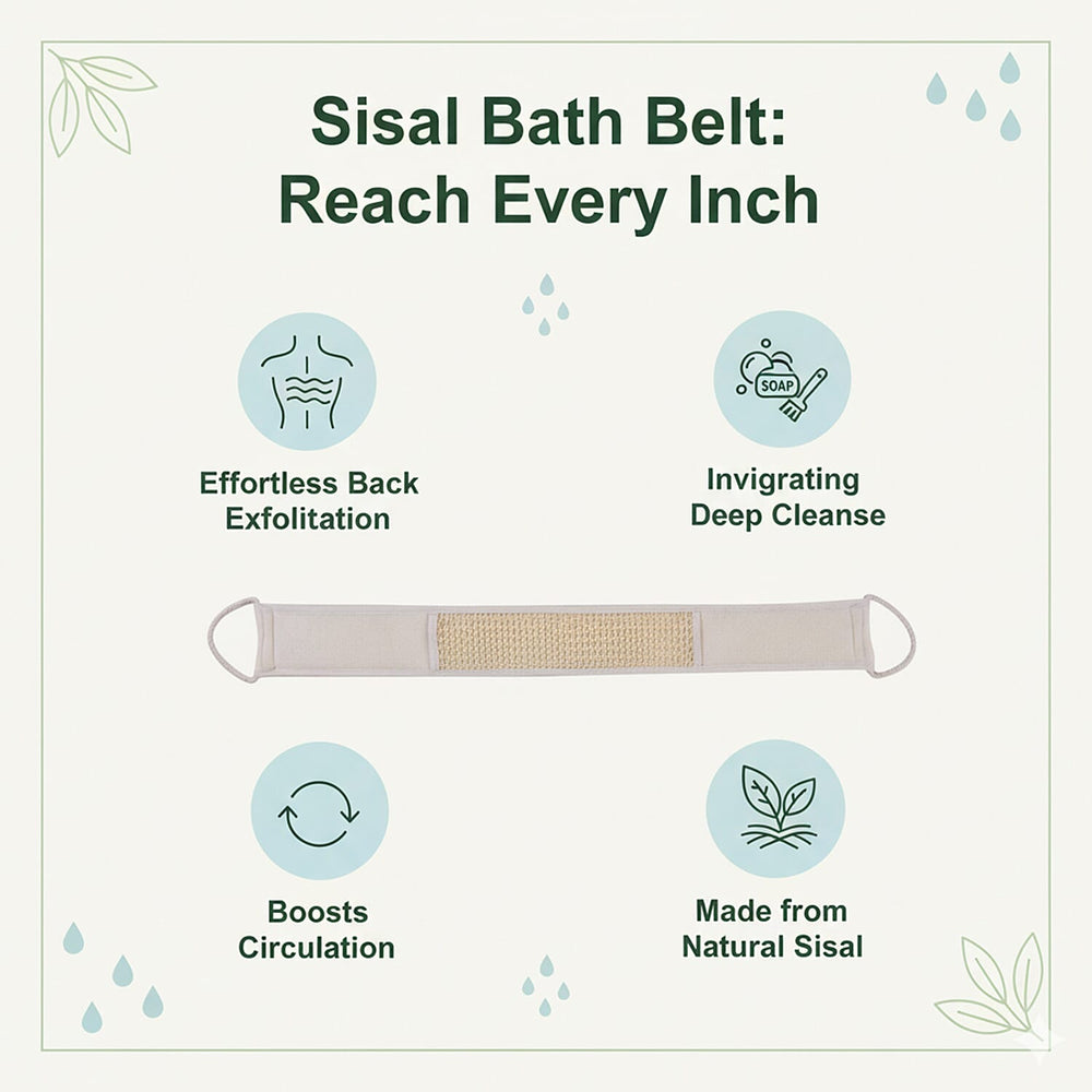 Set of 6 Eco bath accessories -  bath belt, wooden foot file, mesh sponge, loofah block, oval sisal pad, oval wooden body massager