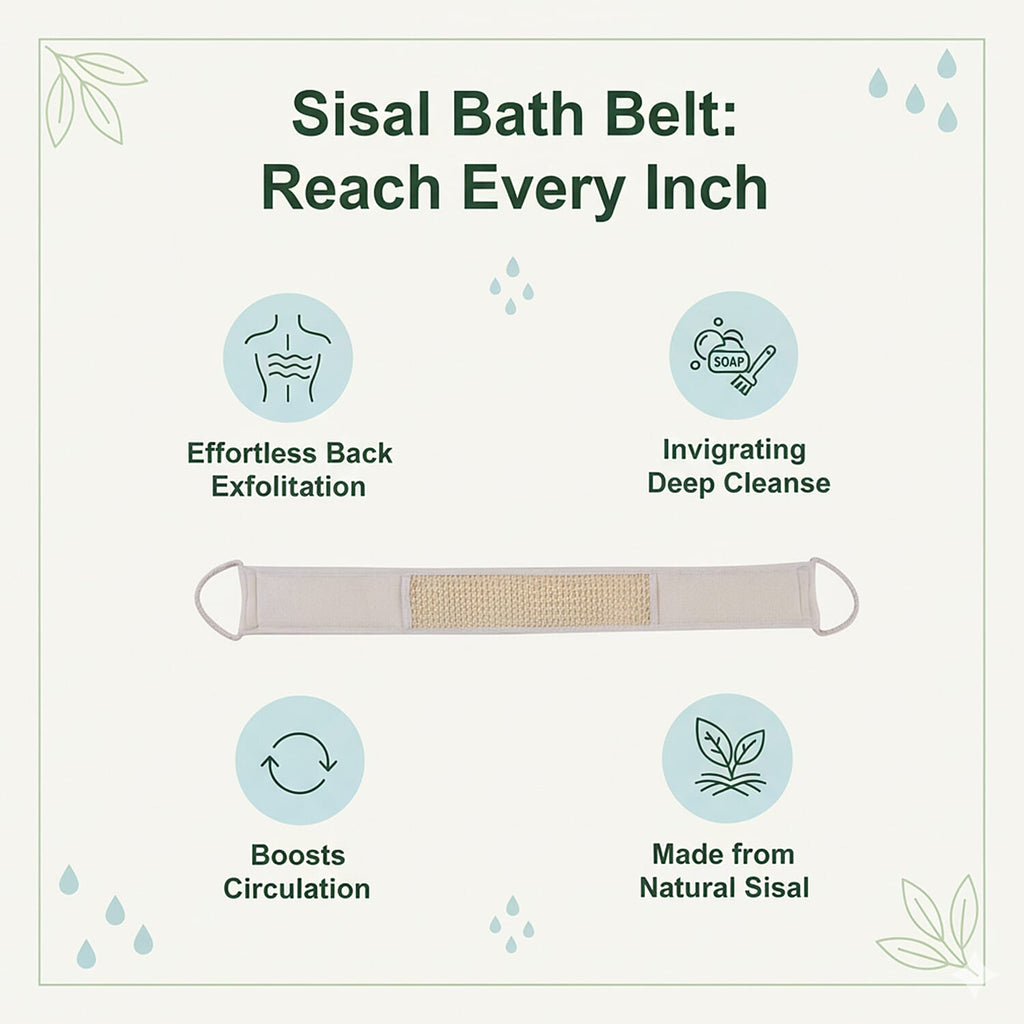 Set of 6 Eco bath accessories -  bath belt, wooden foot file, mesh sponge, loofah block, oval sisal pad, oval wooden body massager