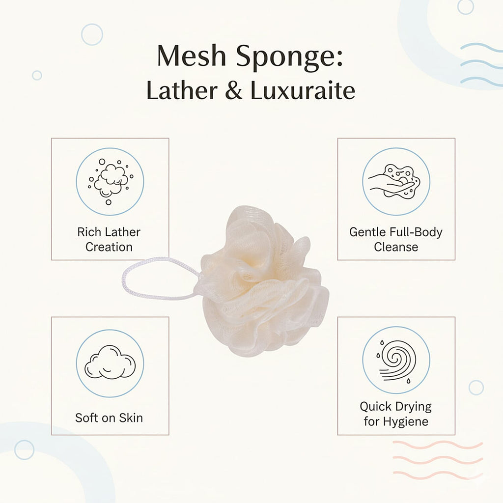 Set of 6 Eco bath accessories -  bath belt, wooden foot file, mesh sponge, loofah block, oval sisal pad, oval wooden body massager