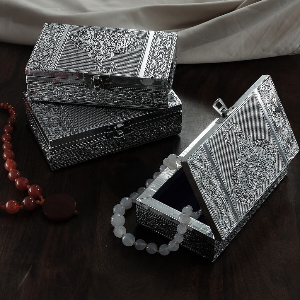 Set of 3 - Elephant Embossed Rectangular Aluminium Oxidized Storage Boxes (Size 16.5x10x4 Inch) - Silver