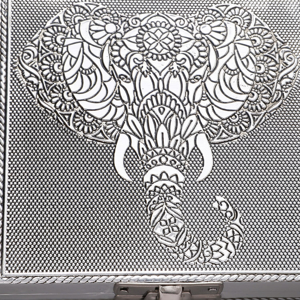 Set of 3 - Elephant Embossed Rectangular Aluminium Oxidized Storage Boxes (Size 16.5x10x4 Inch) - Silver