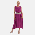 - Maisi Embroidery Umbrella Cut Dress with Elasticated Waist Belt (One Size) - Plum