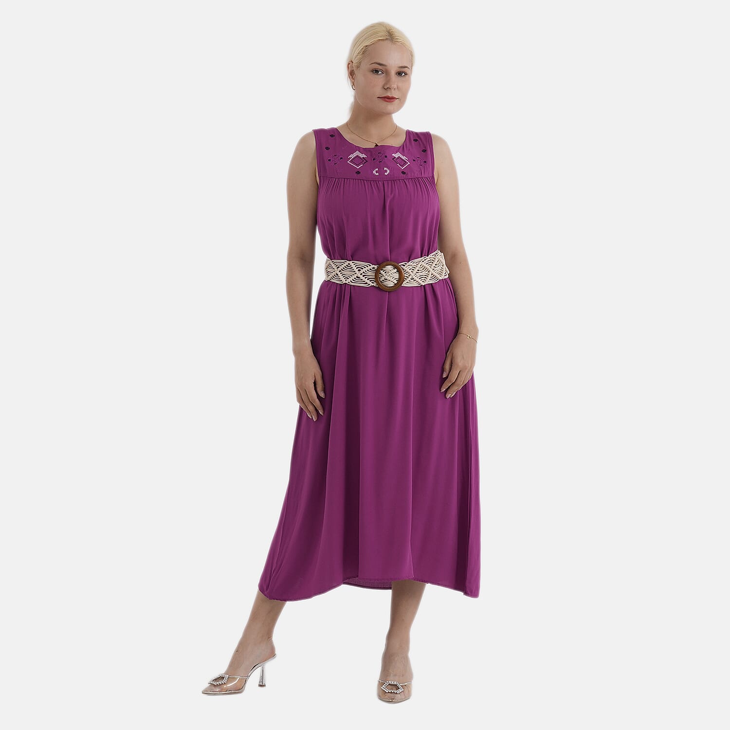 - Maisi Embroidery Umbrella Cut Dress with Elasticated Waist Belt (One Size) - Plum