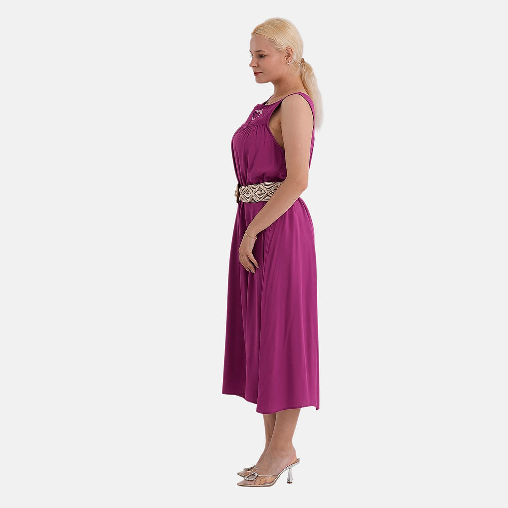 - Maisi Embroidery Umbrella Cut Dress with Elasticated Waist Belt (One Size) - Plum