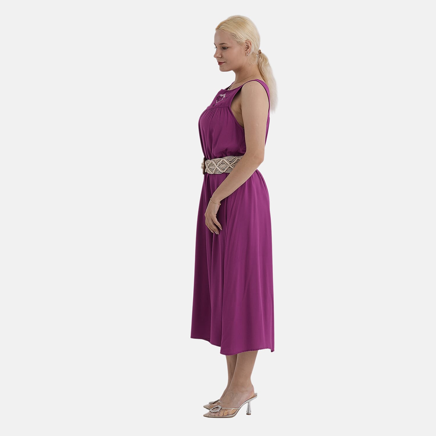- Maisi Embroidery Umbrella Cut Dress with Elasticated Waist Belt (One Size) - Plum