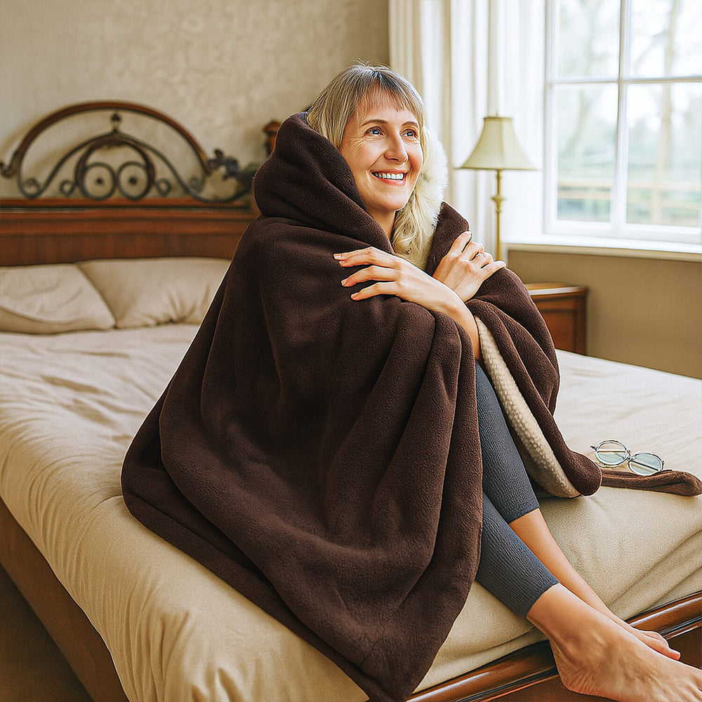 Electric Heated Double Layer Sherpa Blanket With 9 Heat Levels, Machine Washable and Timer (200x150 cm) - Brown