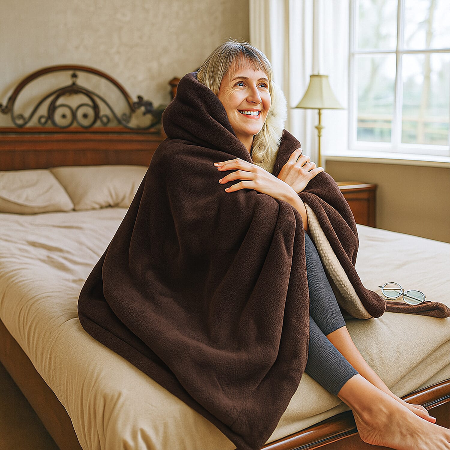 Electric Heated Double Layer Sherpa Blanket With 9 Heat Levels, Machine Washable and Timer (200x150 cm) - Brown