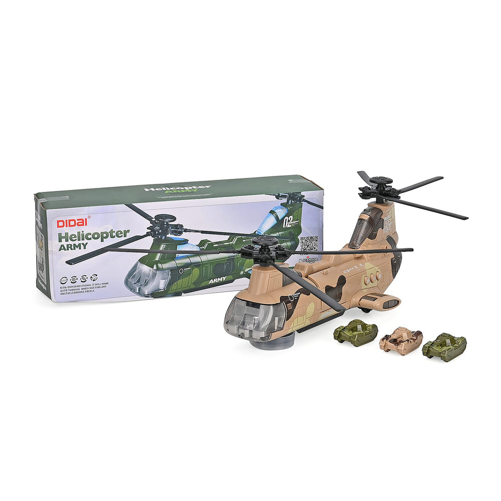 Chinook Army Helicopter - Rechargeable toy with light and music, and 3 army tanks - Yellow