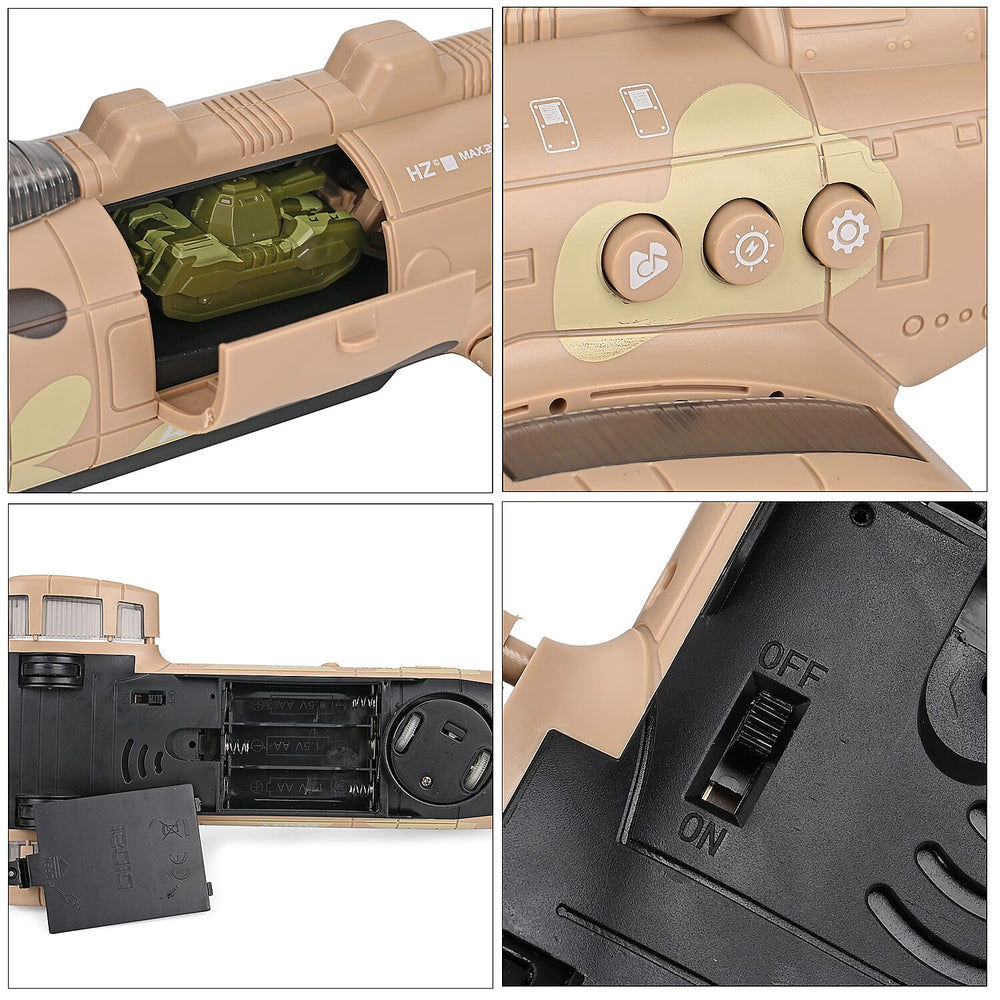 Chinook Army Helicopter - Rechargeable toy with light and music, and 3 army tanks - Yellow
