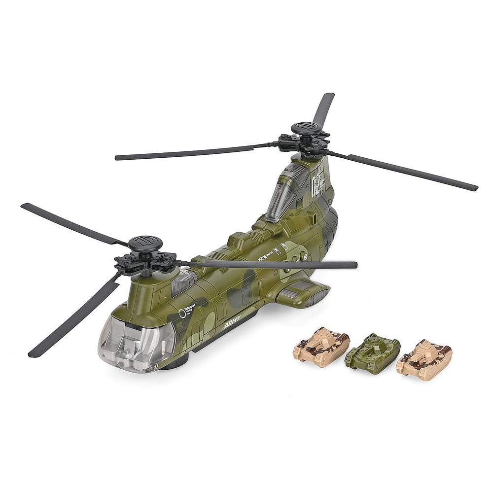 Chinook Army Helicopter - Rechargeable toy with light and music, and 3 army tanks - Green