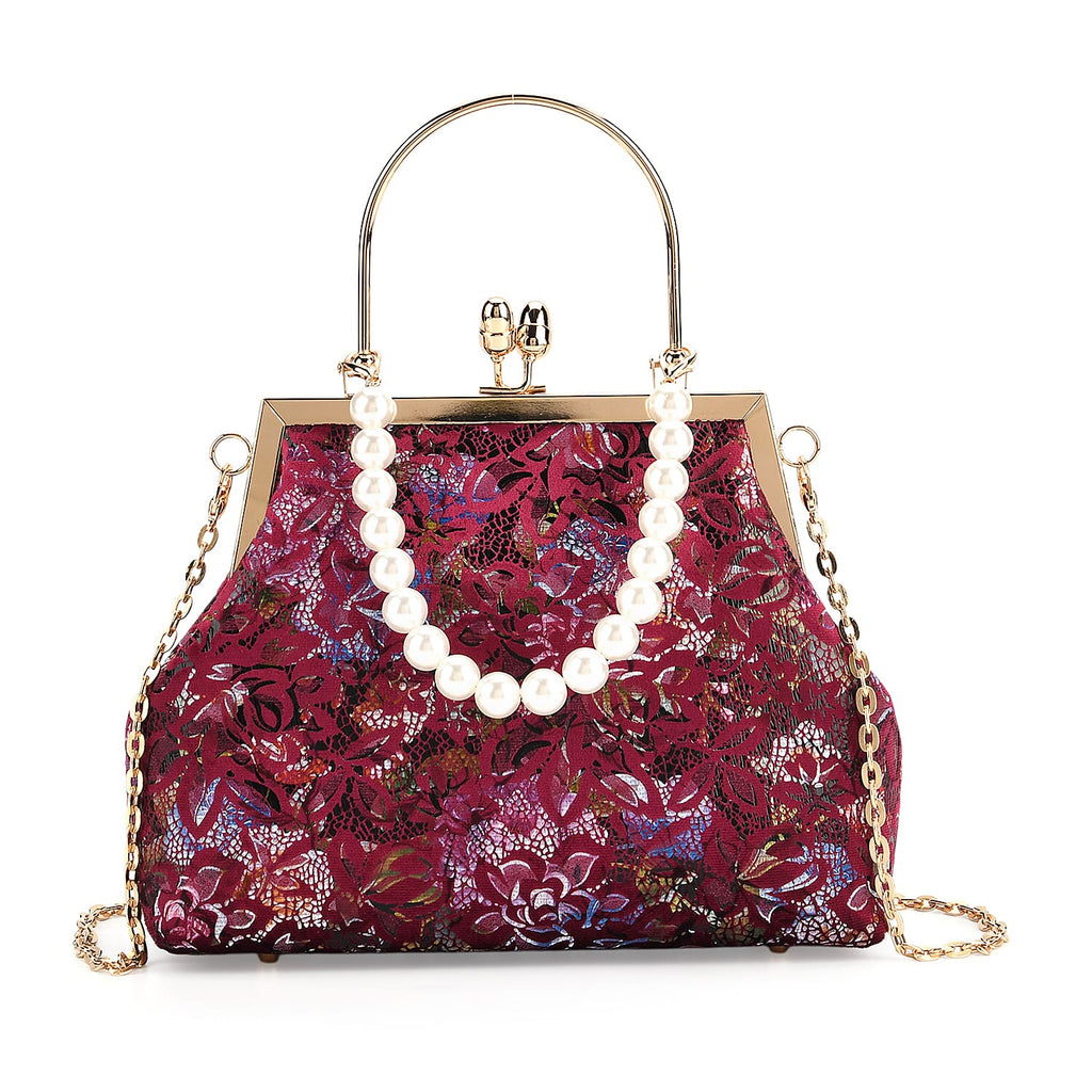 Elegant Embroidery Crystal Clutch Bag with Pearl Handle - Burgundy