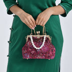 Elegant Embroidery Crystal Clutch Bag with Pearl Handle - Burgundy