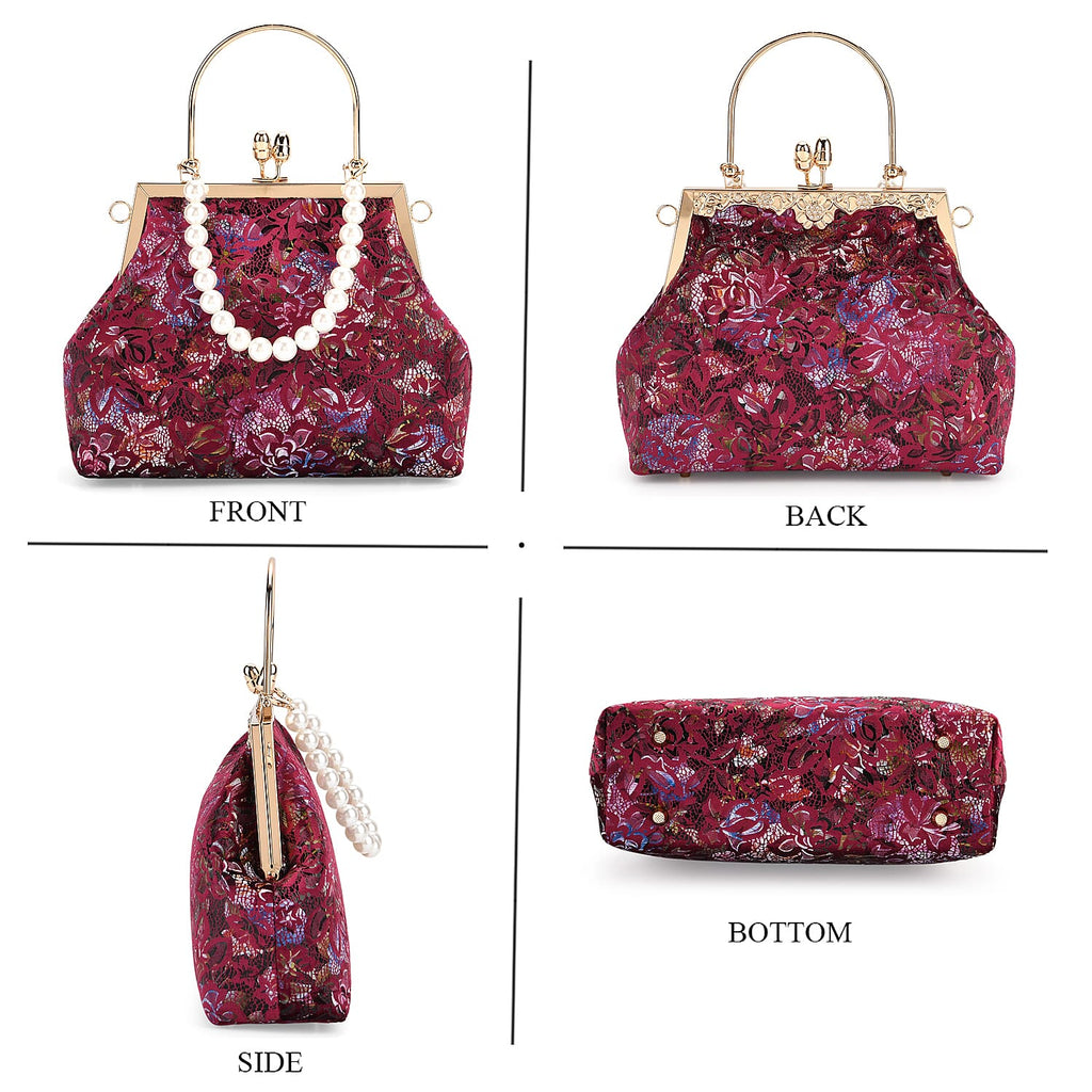 Elegant Embroidery Crystal Clutch Bag with Pearl Handle - Burgundy
