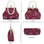 Elegant Embroidery Crystal Clutch Bag with Pearl Handle - Burgundy