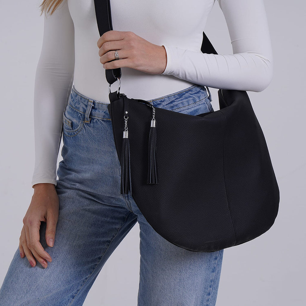 Hong Kong Closeout - Solid 100% Genuine Leather Crossbody Bag with Tassle Chain - Black