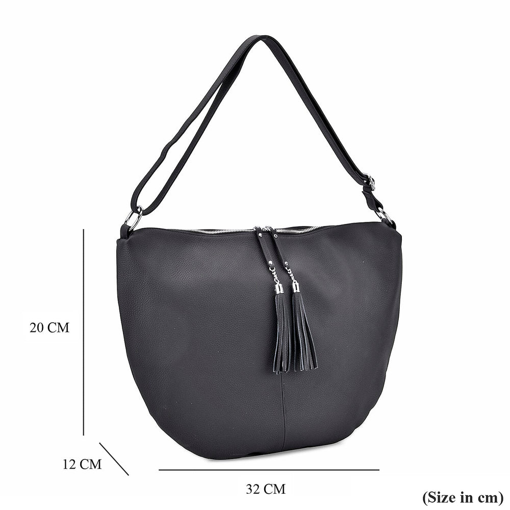 Hong Kong Closeout - Solid 100% Genuine Leather Crossbody Bag with Tassle Chain - Black