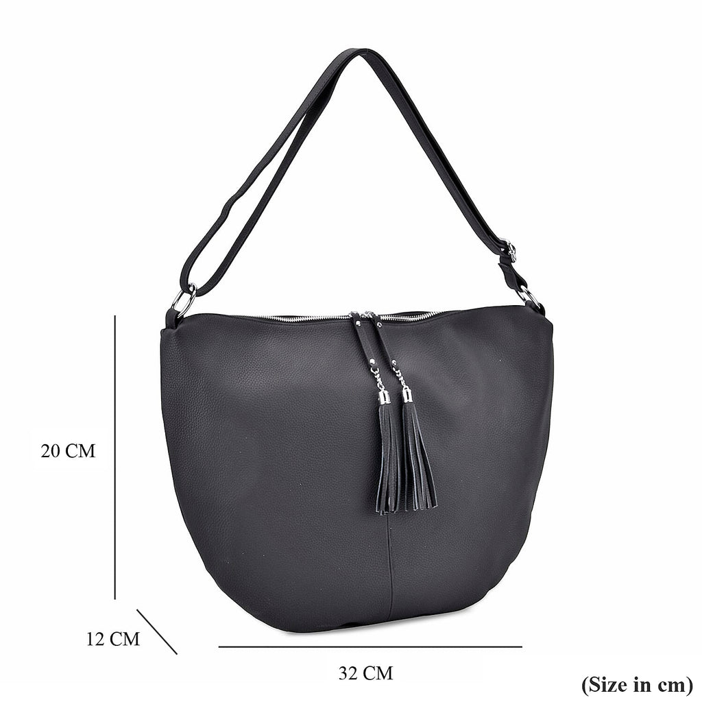 Hong Kong Closeout - Solid 100% Genuine Leather Crossbody Bag with Tassle Chain - Black