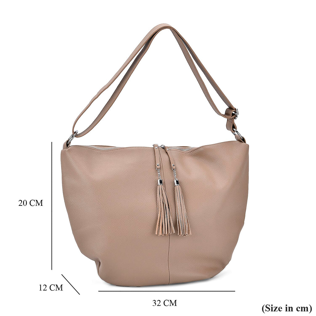 Hong Kong Closeout - Solid 100% Genuine Leather Crossbody Bag with Tassle Chain - Khaki