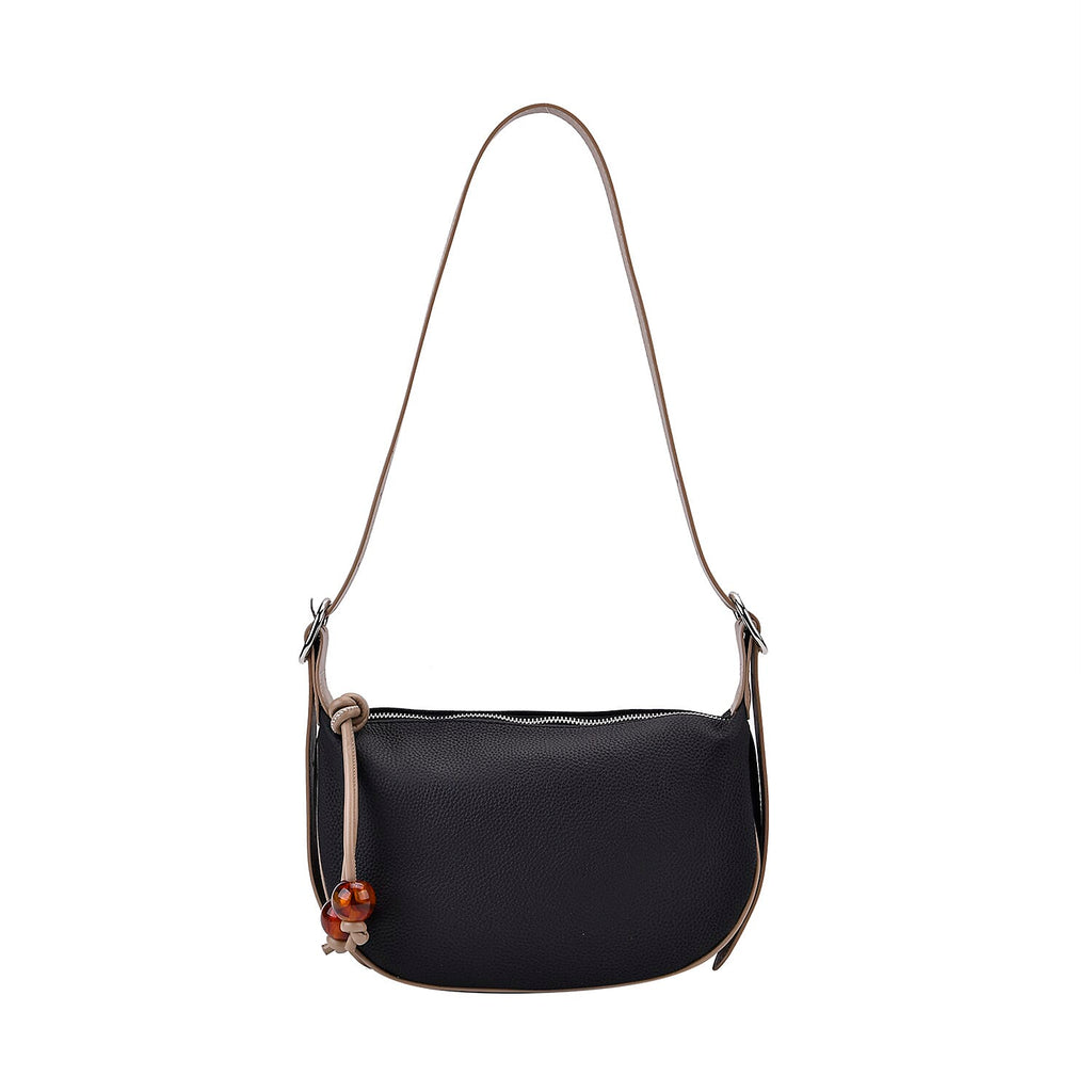 Elegant Genuine Leather Curved Shoulder Bag with Adjustable Strap - Black