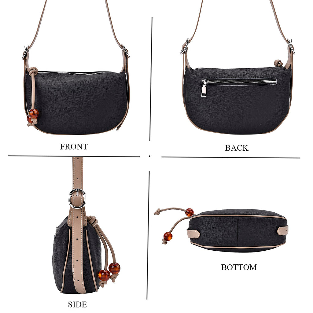 Elegant Genuine Leather Curved Shoulder Bag with Adjustable Strap - Black