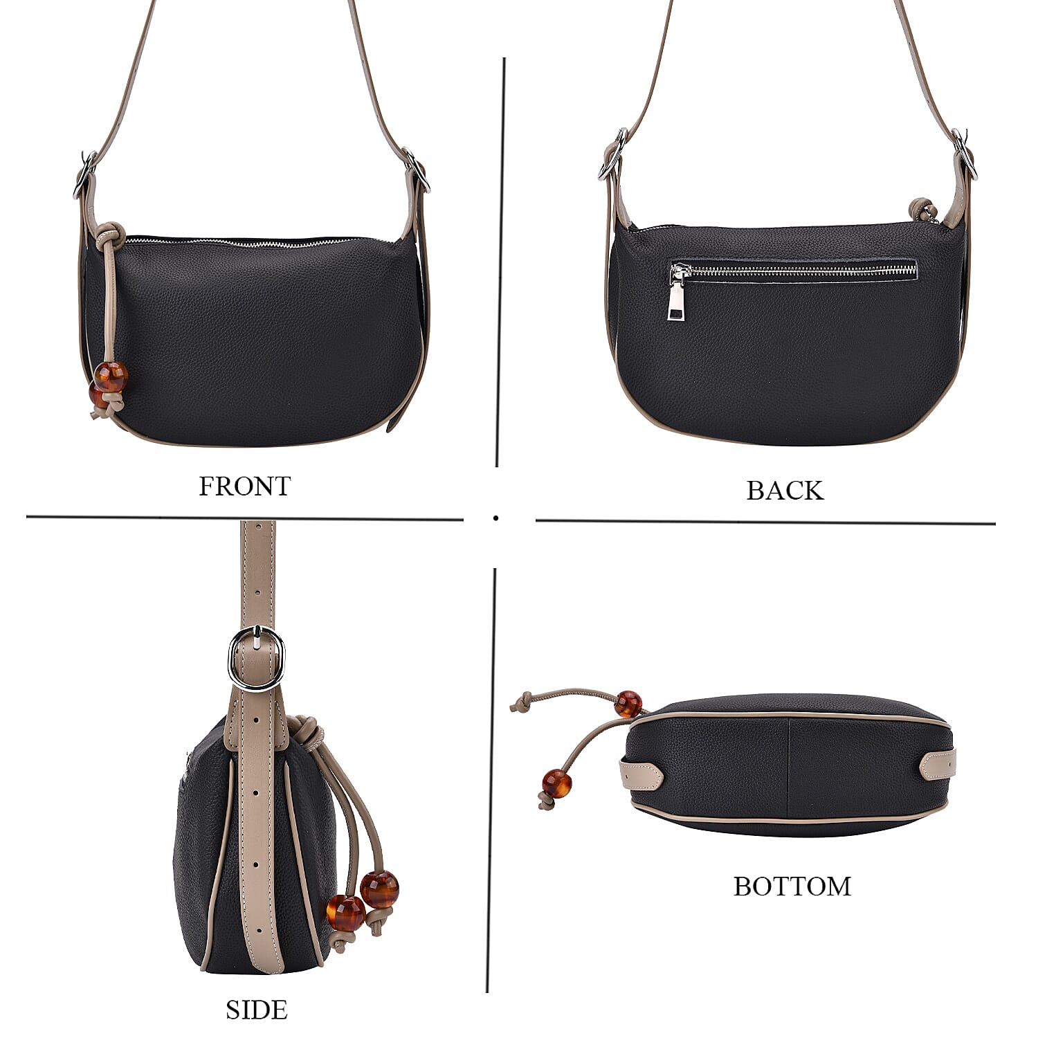 Elegant Genuine Leather Curved Shoulder Bag with Adjustable Strap - Black