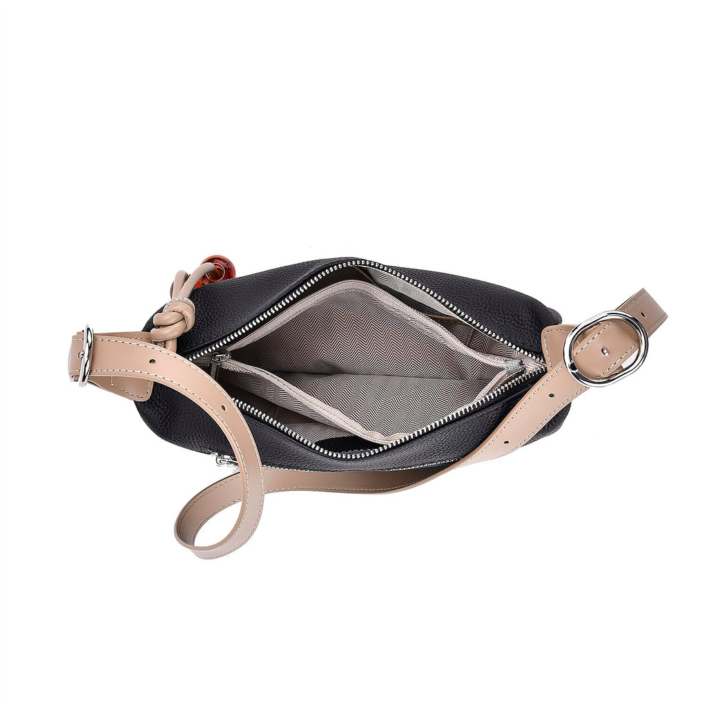 Elegant Genuine Leather Curved Shoulder Bag with Adjustable Strap - Black