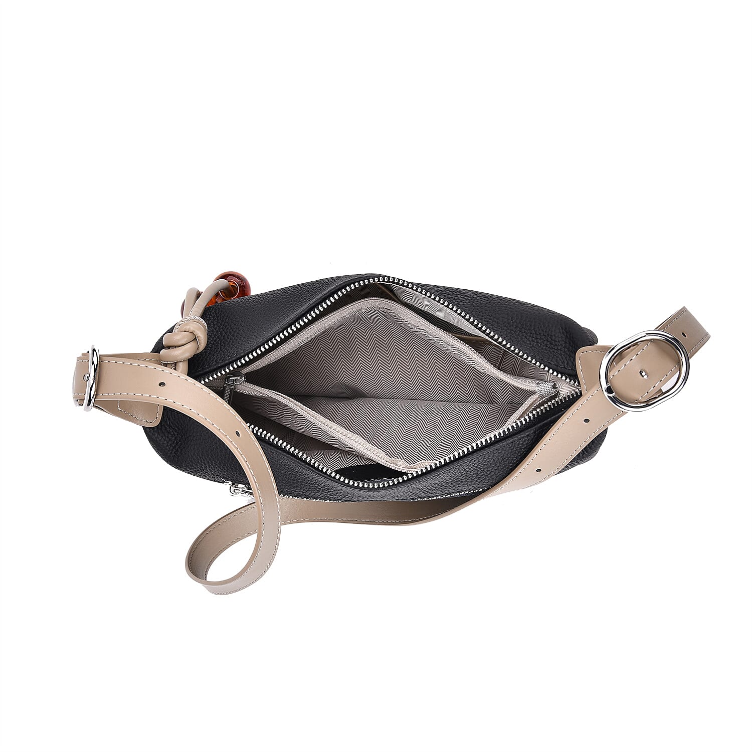 Elegant Genuine Leather Curved Shoulder Bag with Adjustable Strap - Black