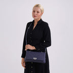 Elegant Genuine Leather Quilted Chevron Pattern Shoulder Bag with Chain Strap - Navy
