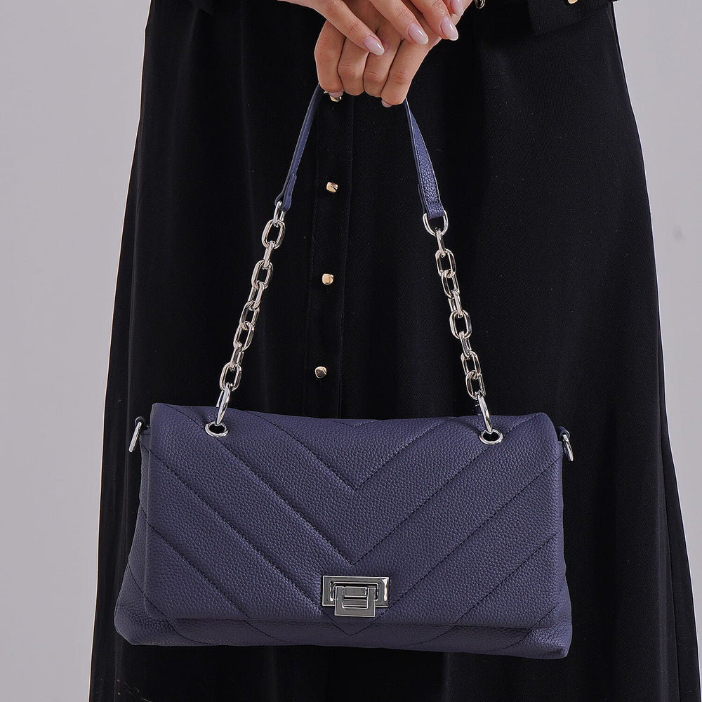 Elegant Genuine Leather Quilted Chevron Pattern Shoulder Bag with Chain Strap - Navy