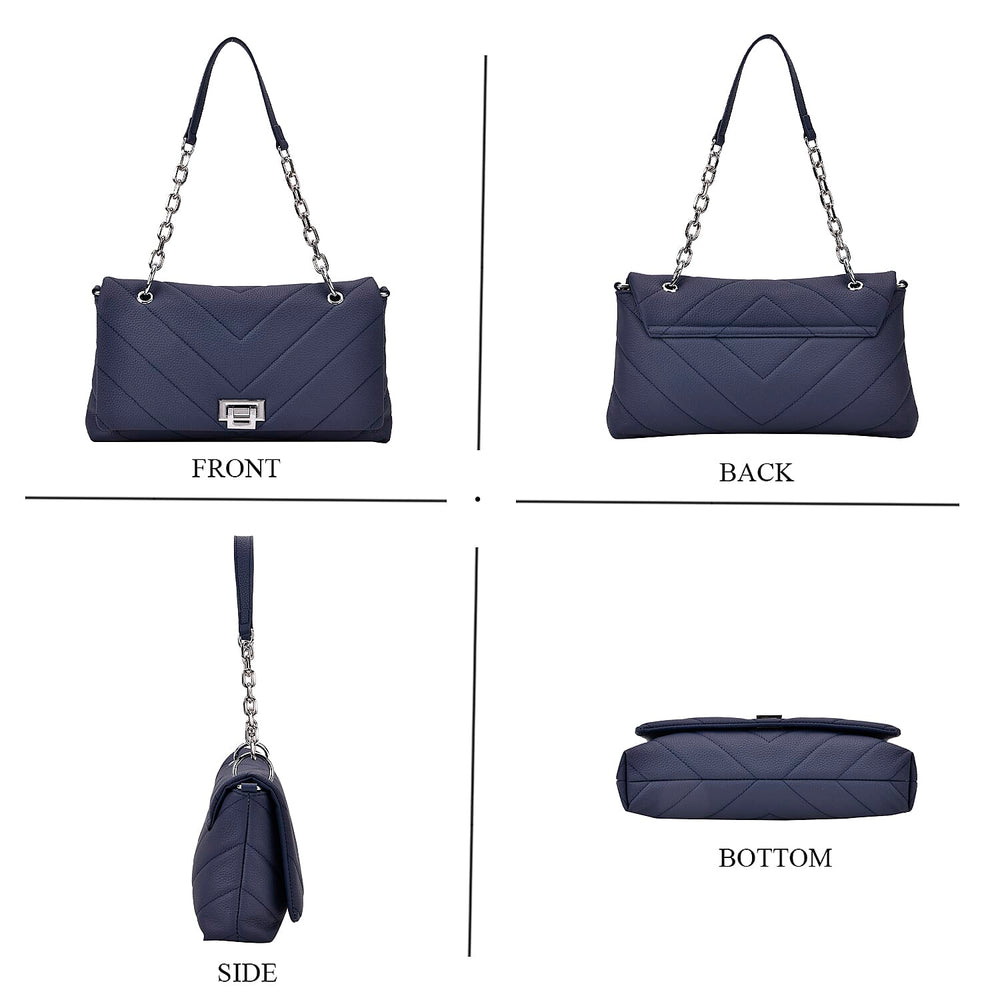 Elegant Genuine Leather Quilted Chevron Pattern Shoulder Bag with Chain Strap - Navy