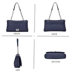 Elegant Genuine Leather Quilted Chevron Pattern Shoulder Bag with Chain Strap - Navy