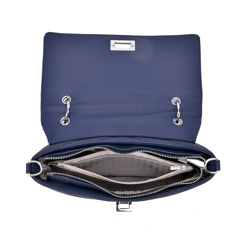Elegant Genuine Leather Quilted Chevron Pattern Shoulder Bag with Chain Strap - Navy