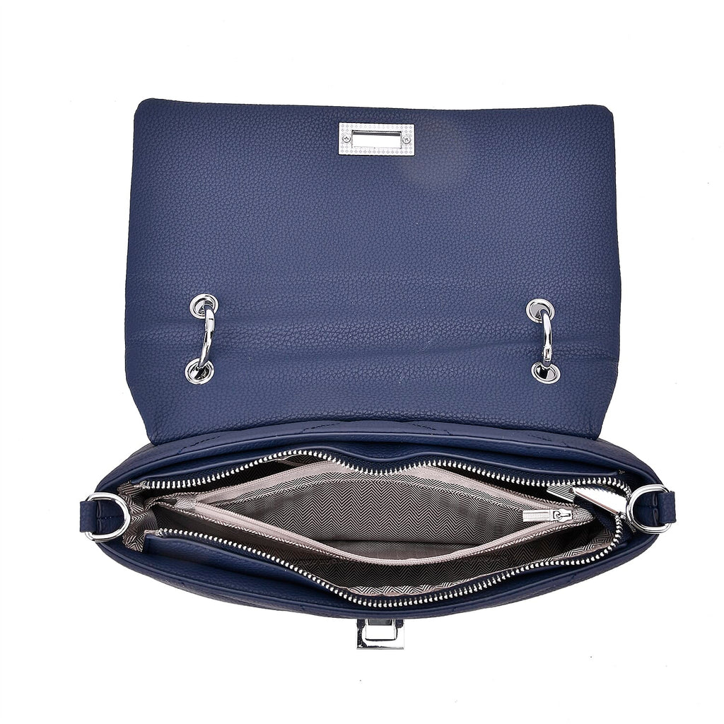 Elegant Genuine Leather Quilted Chevron Pattern Shoulder Bag with Chain Strap - Navy