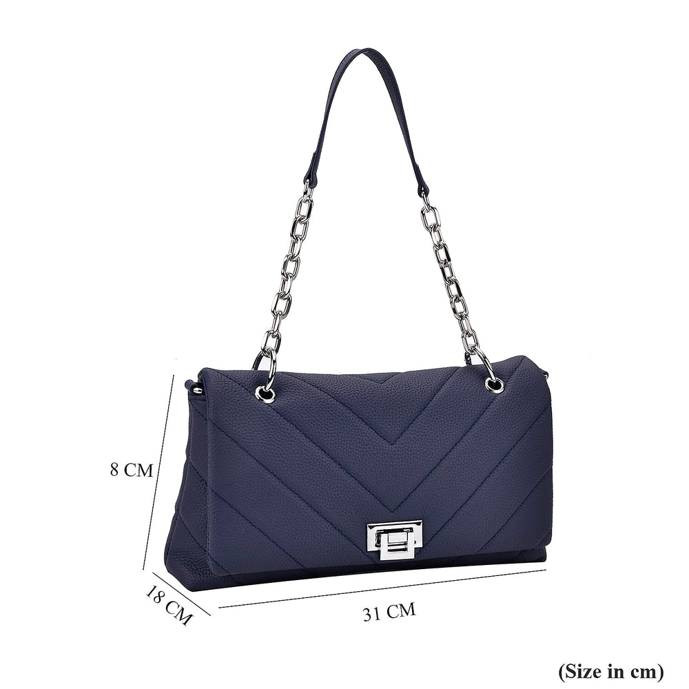 Elegant Genuine Leather Quilted Chevron Pattern Shoulder Bag with Chain Strap - Navy