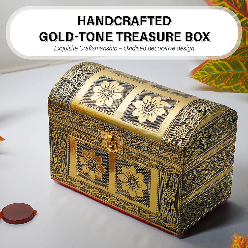 Elegant Handcrafted Treasure Box with Secure Clasp & Protective Interior (Size 20x11x14 cm) - Golden