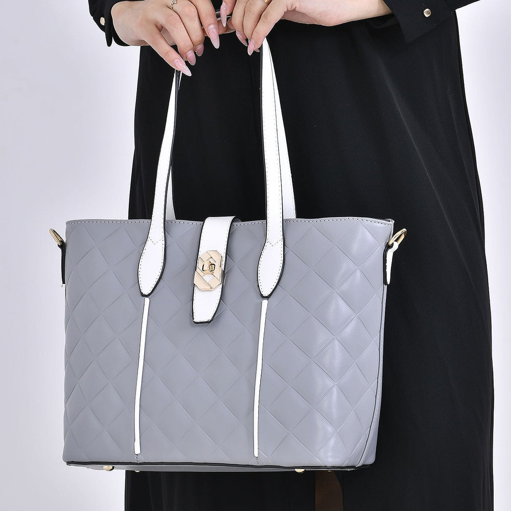 Designer Inspired Embossed Quilteed Crossbody Bag with Gold Tone Hardware - Grey