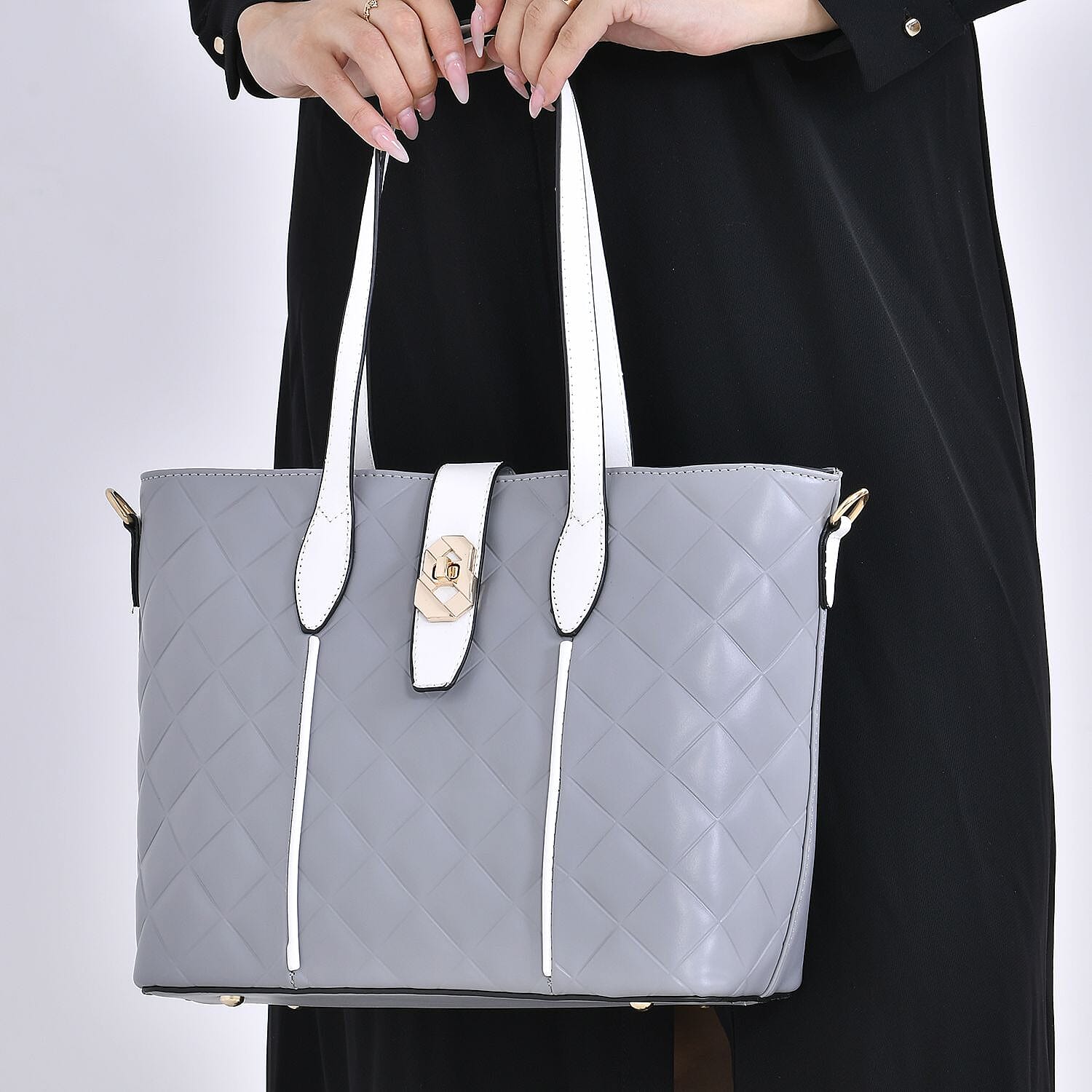 Designer Inspired Embossed Quilteed Crossbody Bag with Gold Tone Hardware - Grey