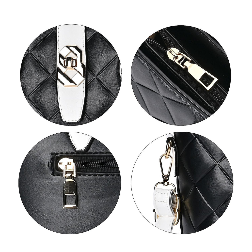 Designer Inspired Embossed Quilted Crossbody Bag with Gold Tone Hardware - Black