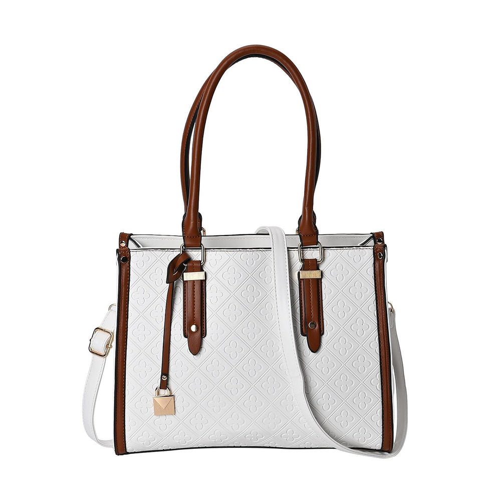 Embossed Four Leaf Clover Pattern Leatherette Crossbody Bag With Handle Drop - White - Tan