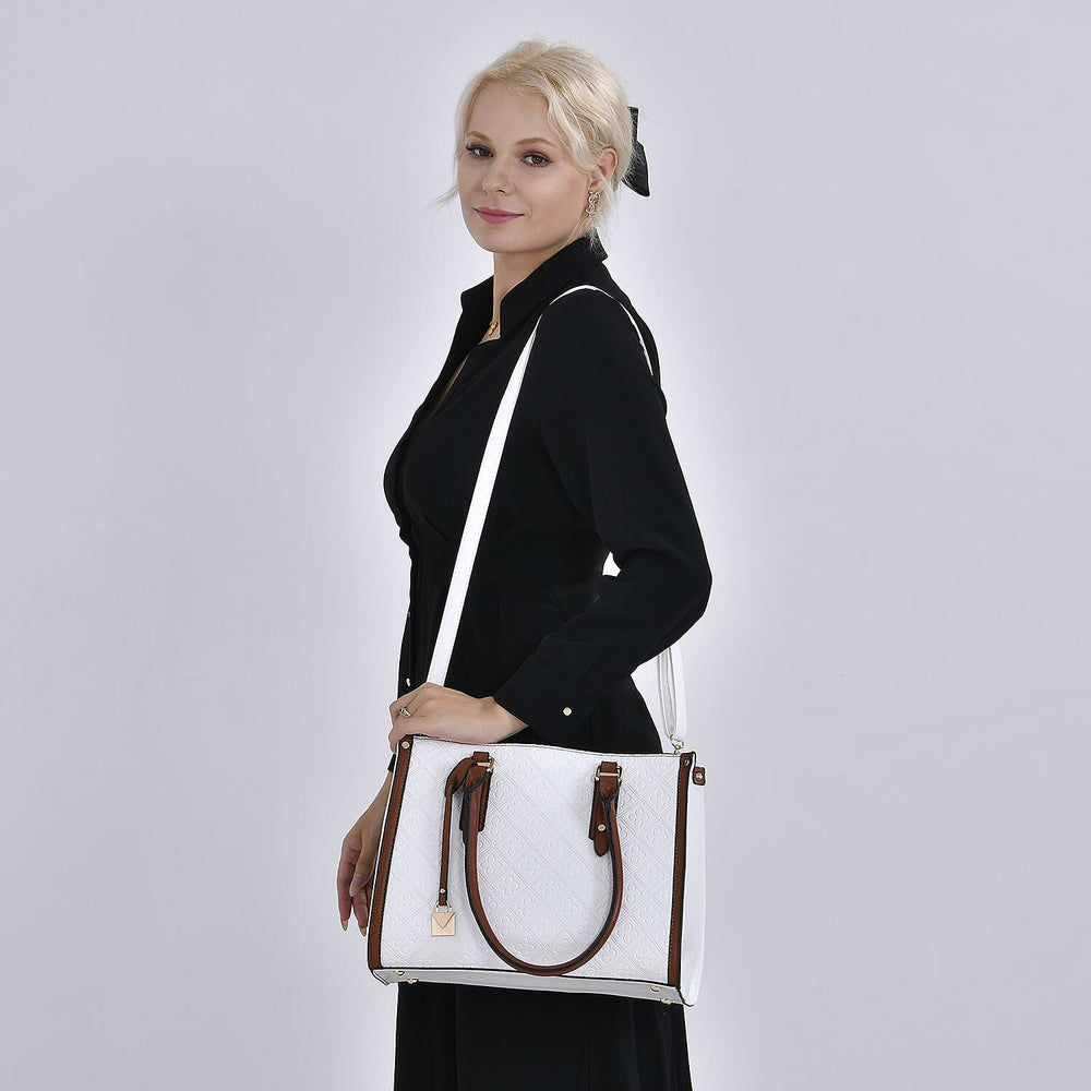 Embossed Four Leaf Clover Pattern Leatherette Crossbody Bag With Handle Drop - White - Tan