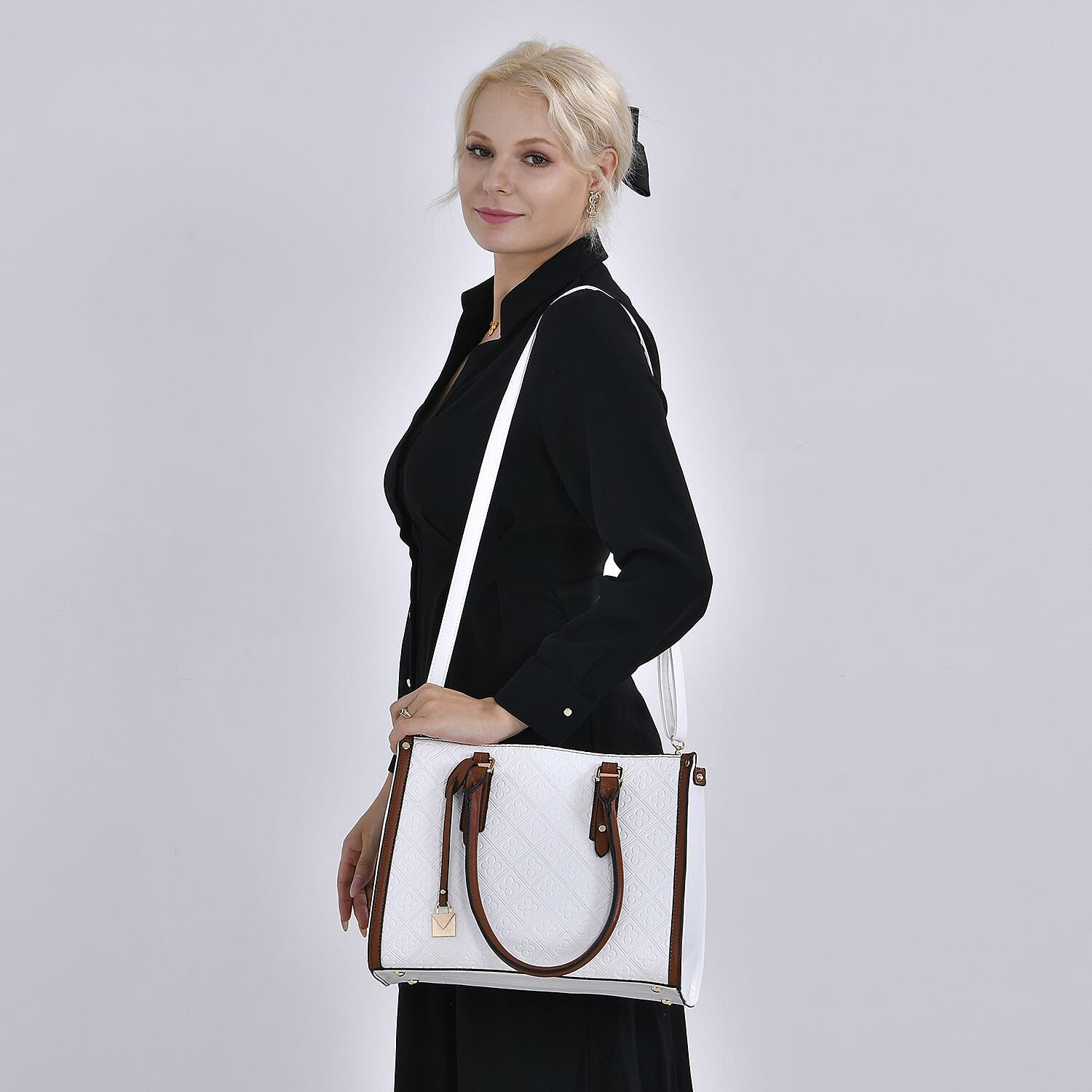 Embossed Four Leaf Clover Pattern Leatherette Crossbody Bag With Handle Drop - White - Tan