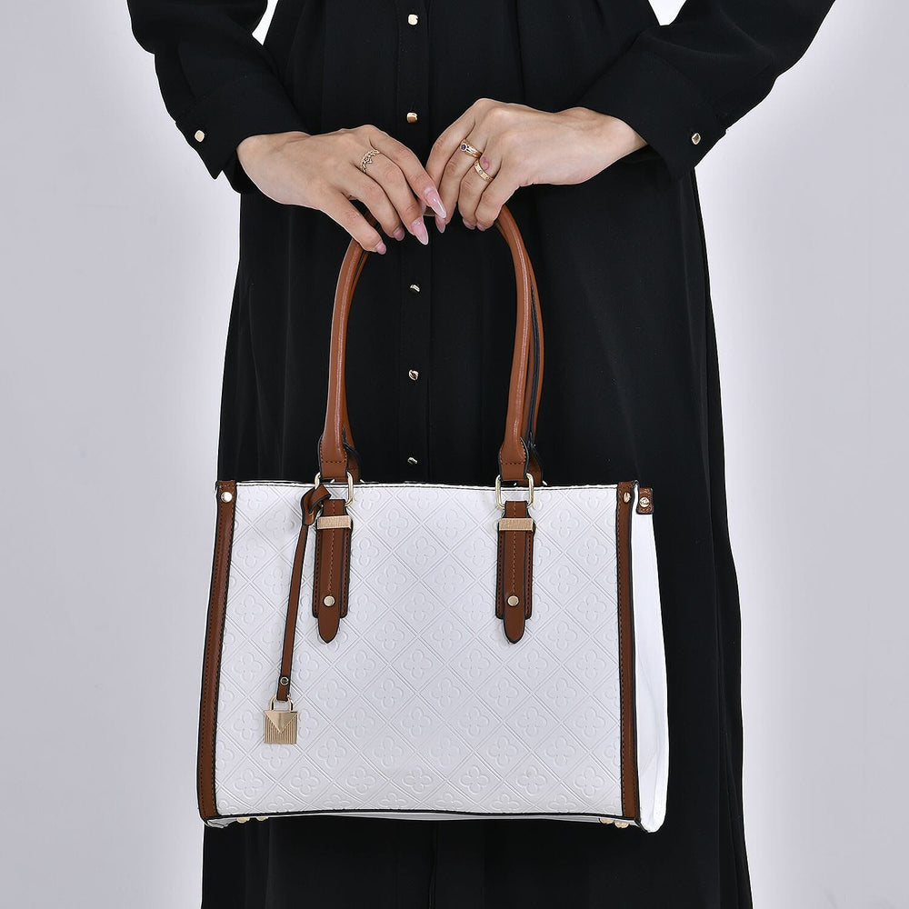 Embossed Four Leaf Clover Pattern Leatherette Crossbody Bag With Handle Drop - White - Tan